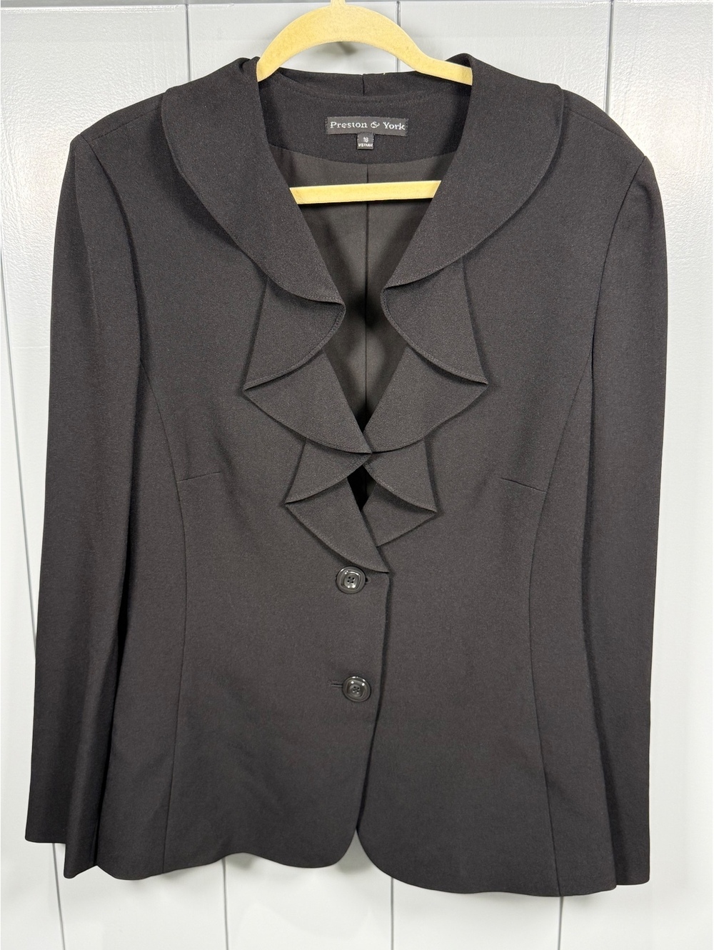 Preston & York Women's Black Office Siren chic Ruffle Collar Suit Jacket Size 18